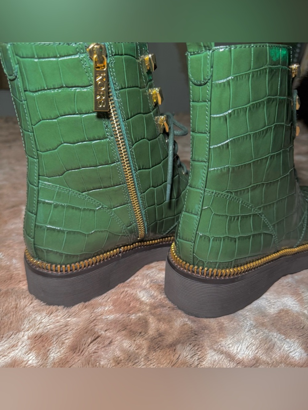 Michael Kors Green Crocodile-Embossed Leather Lace-Up Boots - Picture 6 of 10